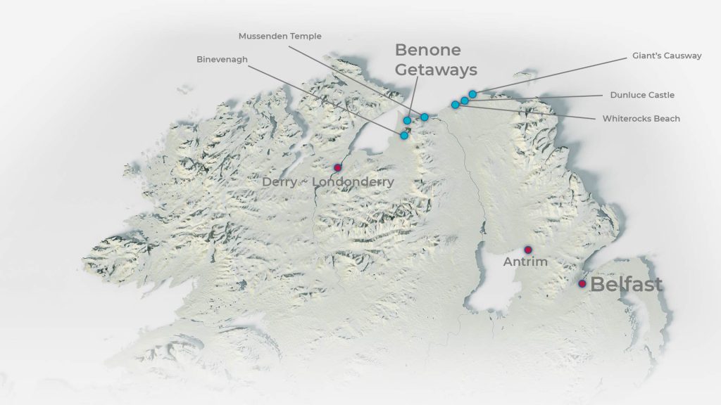 map to benone getaways. glamping northern ireland